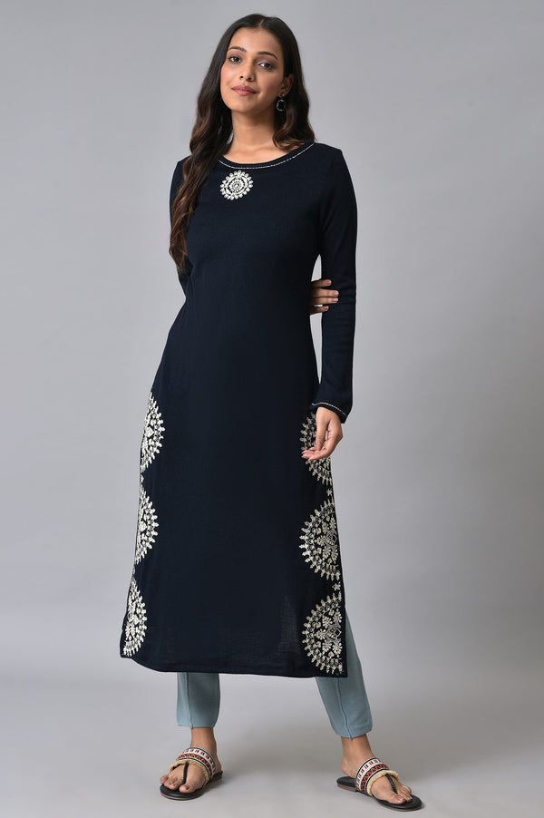 Dark Blue Embroidered Plus Size Winter kurta