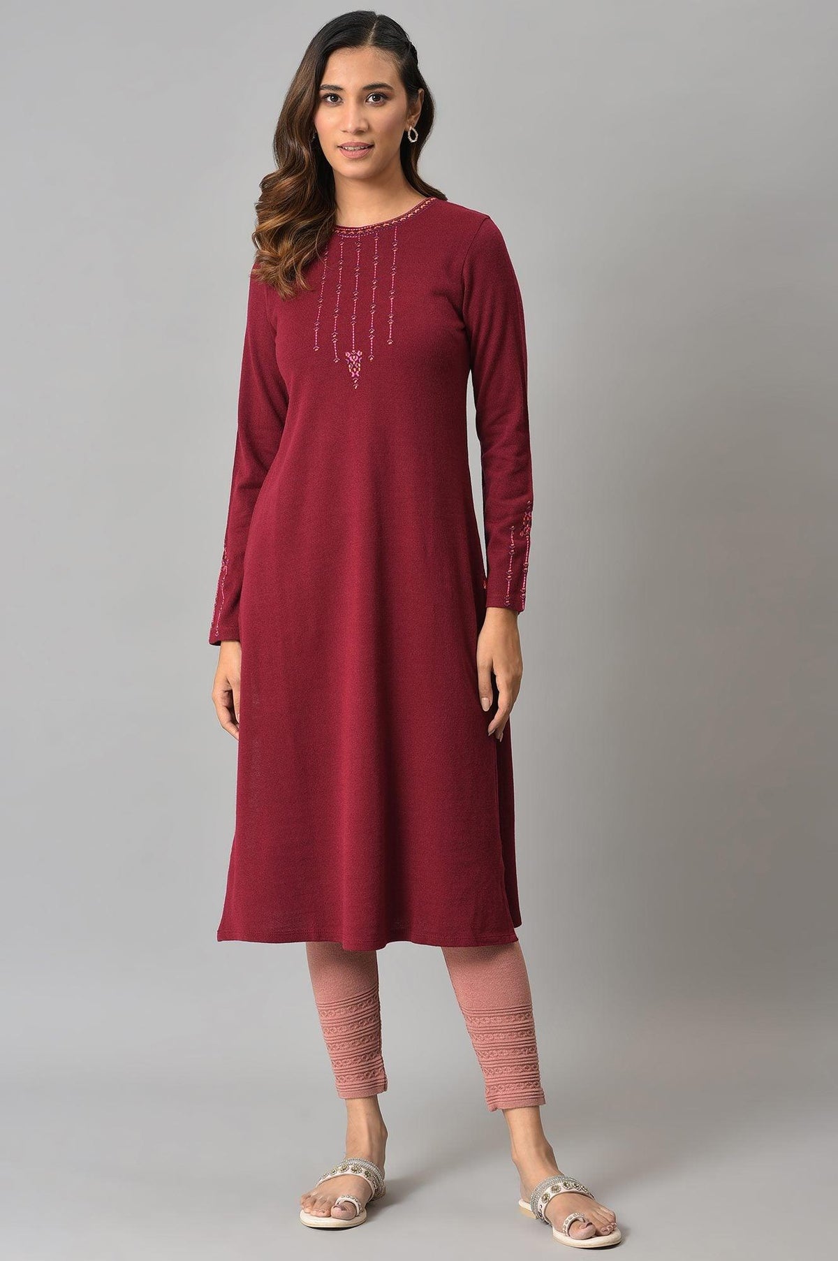Dark Red Embroidered Winter kurta - XS