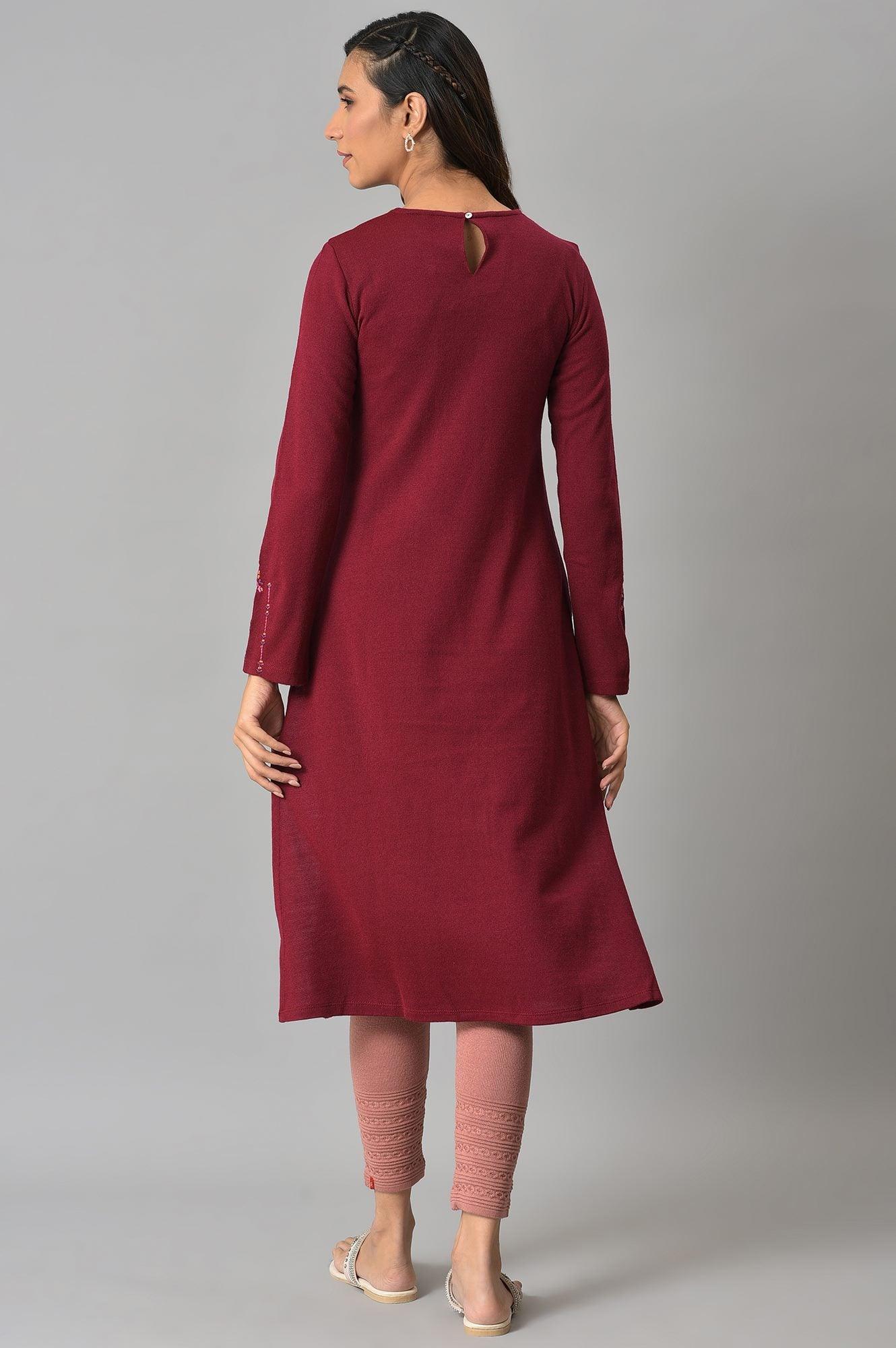 Dark Red Embroidered Winter kurta - wforwoman