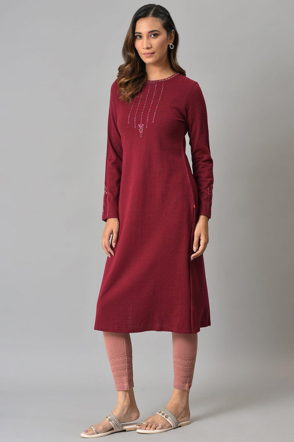 Dark Red Embroidered Winter kurta