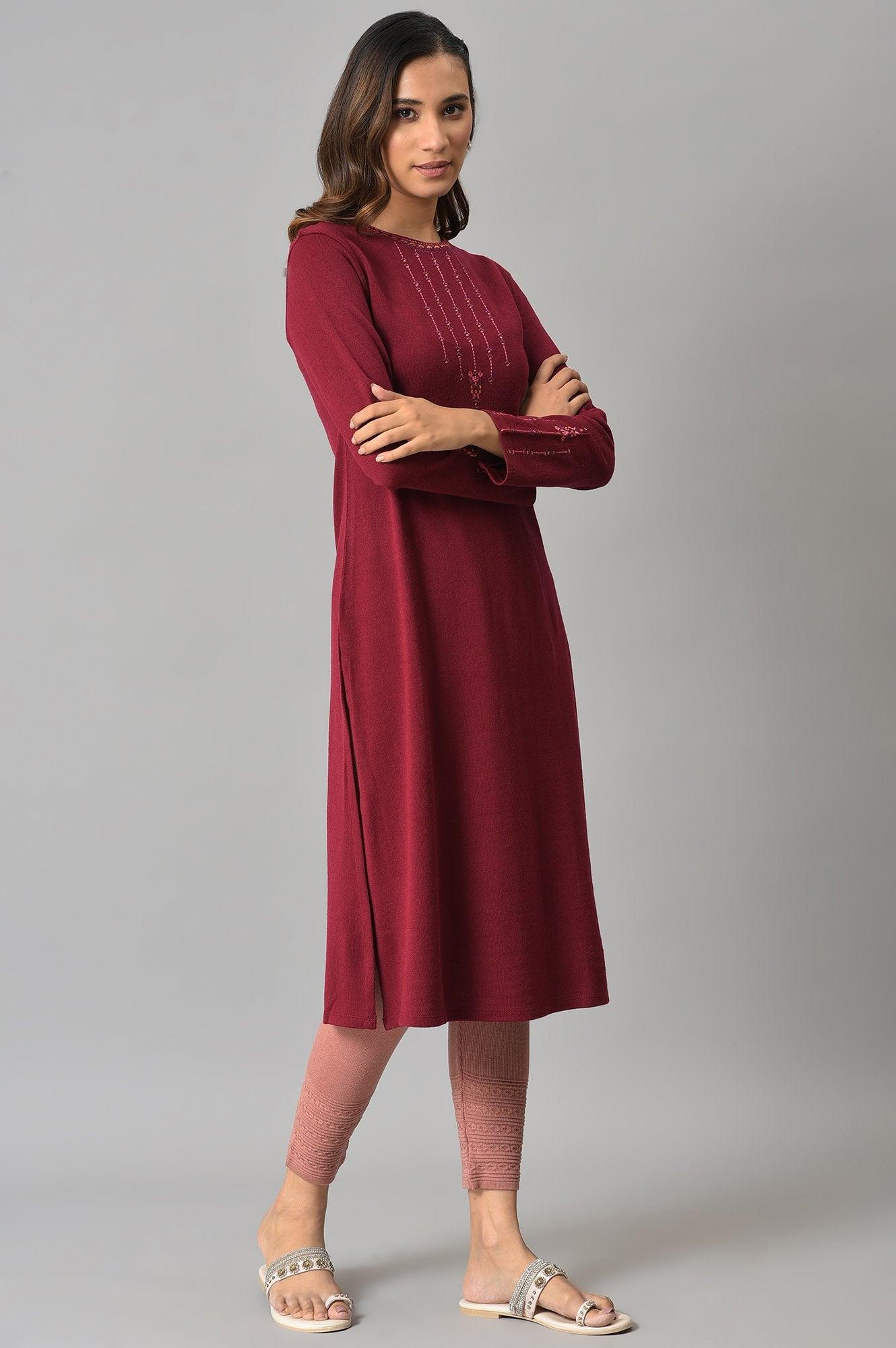 Dark Red Embroidered Winter kurta - wforwoman