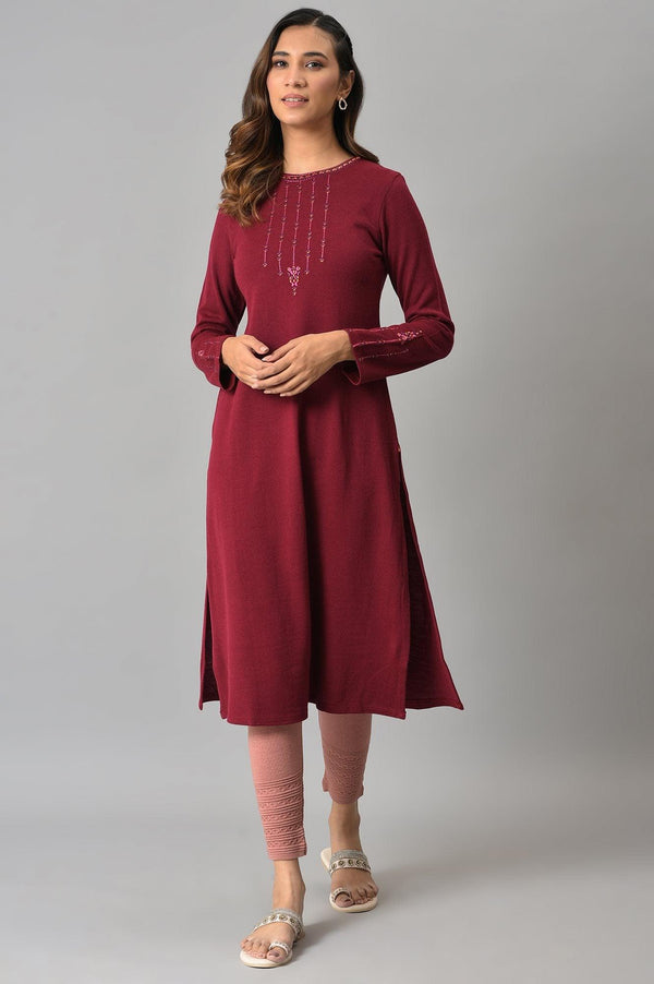 Dark Red Embroidered Winter kurta