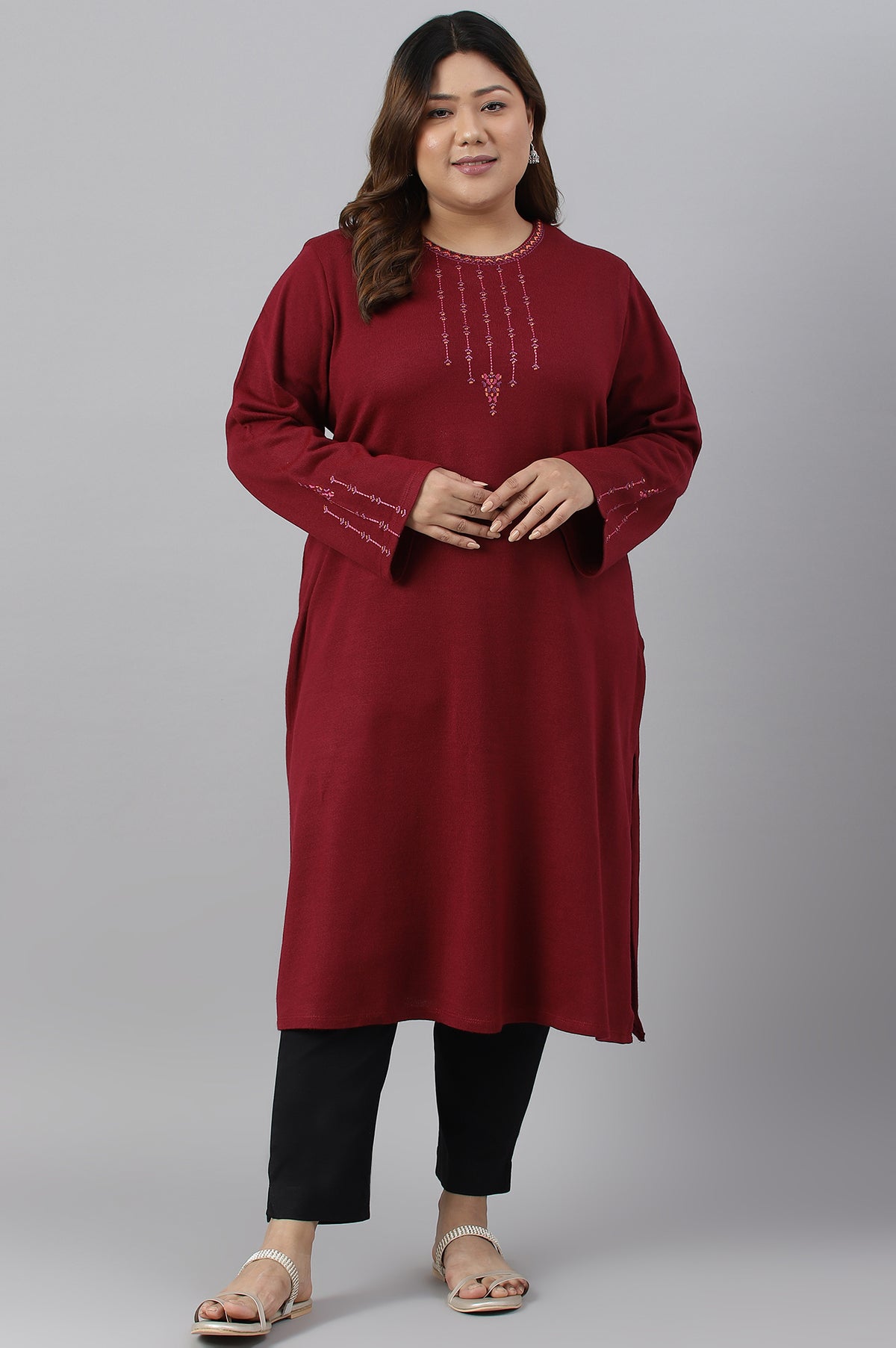 Dark Red Embroidered Plus Size Winter kurta - XS