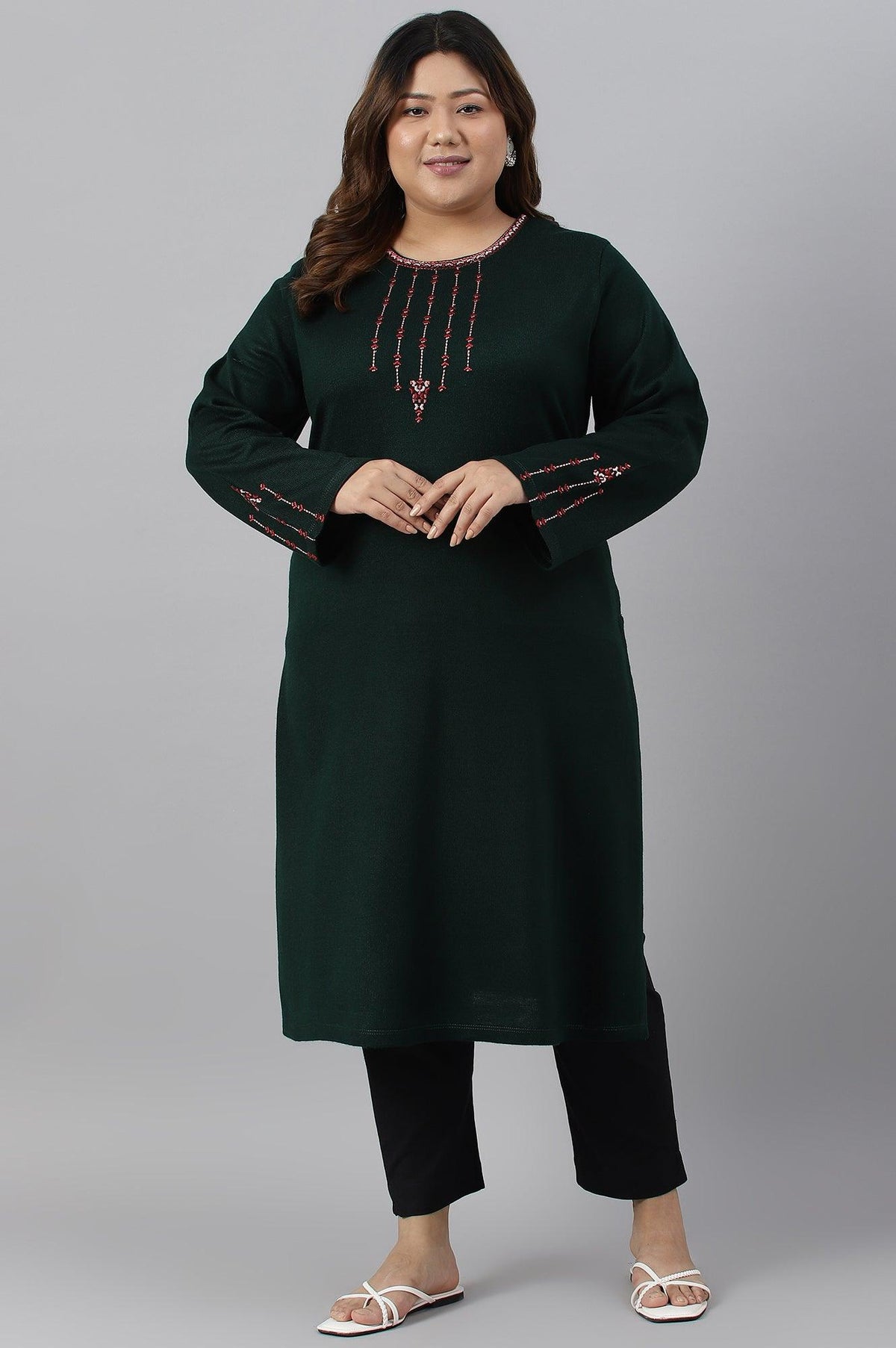 Dark Green Embroidered Plus Size Winter kurta - XS
