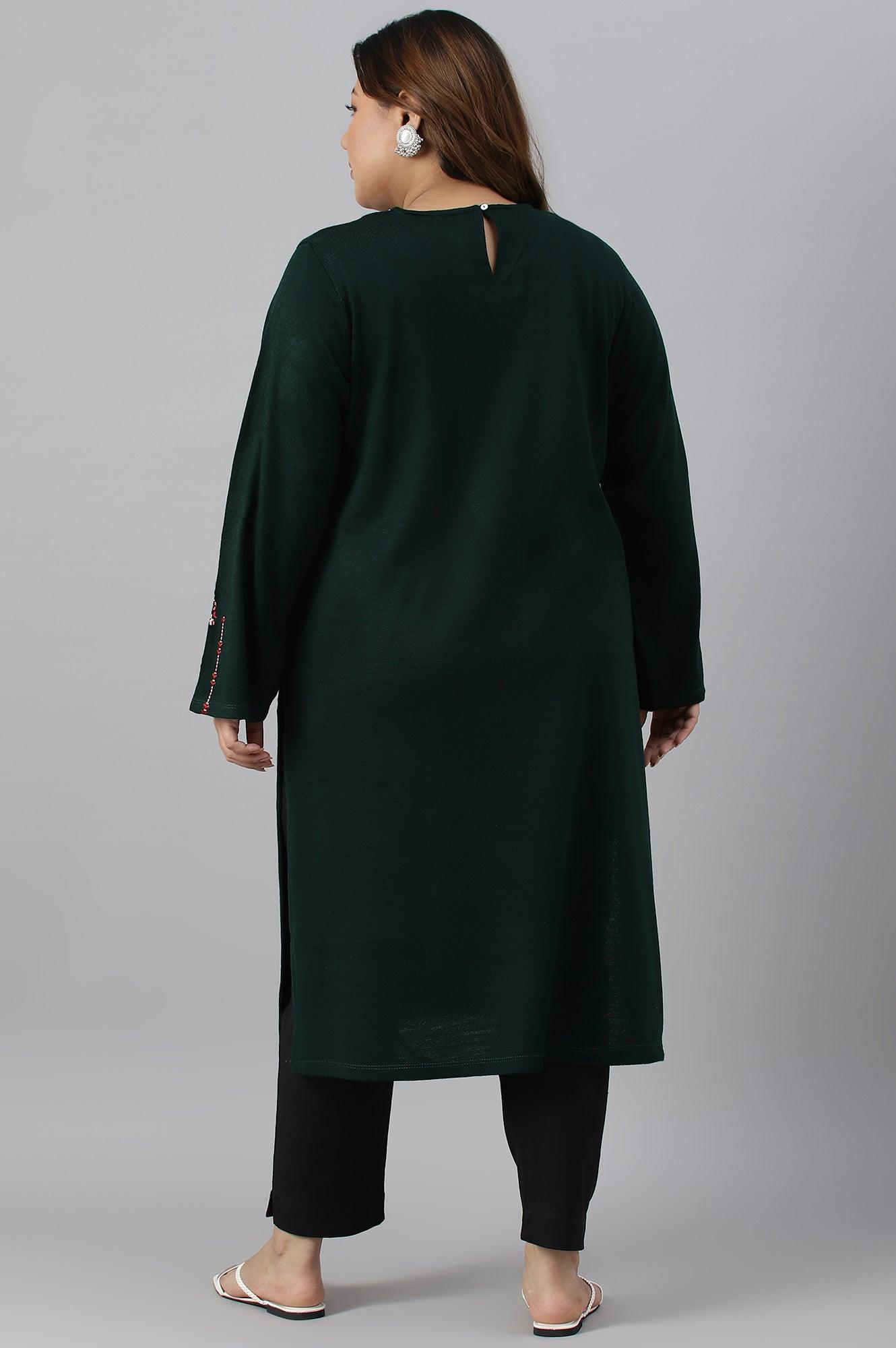 Dark Green Embroidered Plus Size Winter kurta - wforwoman