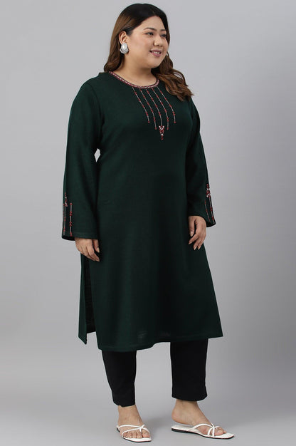 Dark Green Embroidered Plus Size Winter kurta - wforwoman