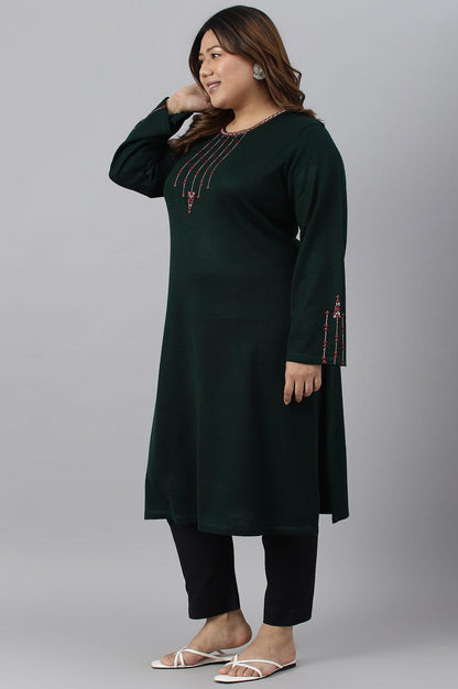 Dark Green Embroidered Plus Size Winter kurta - wforwoman