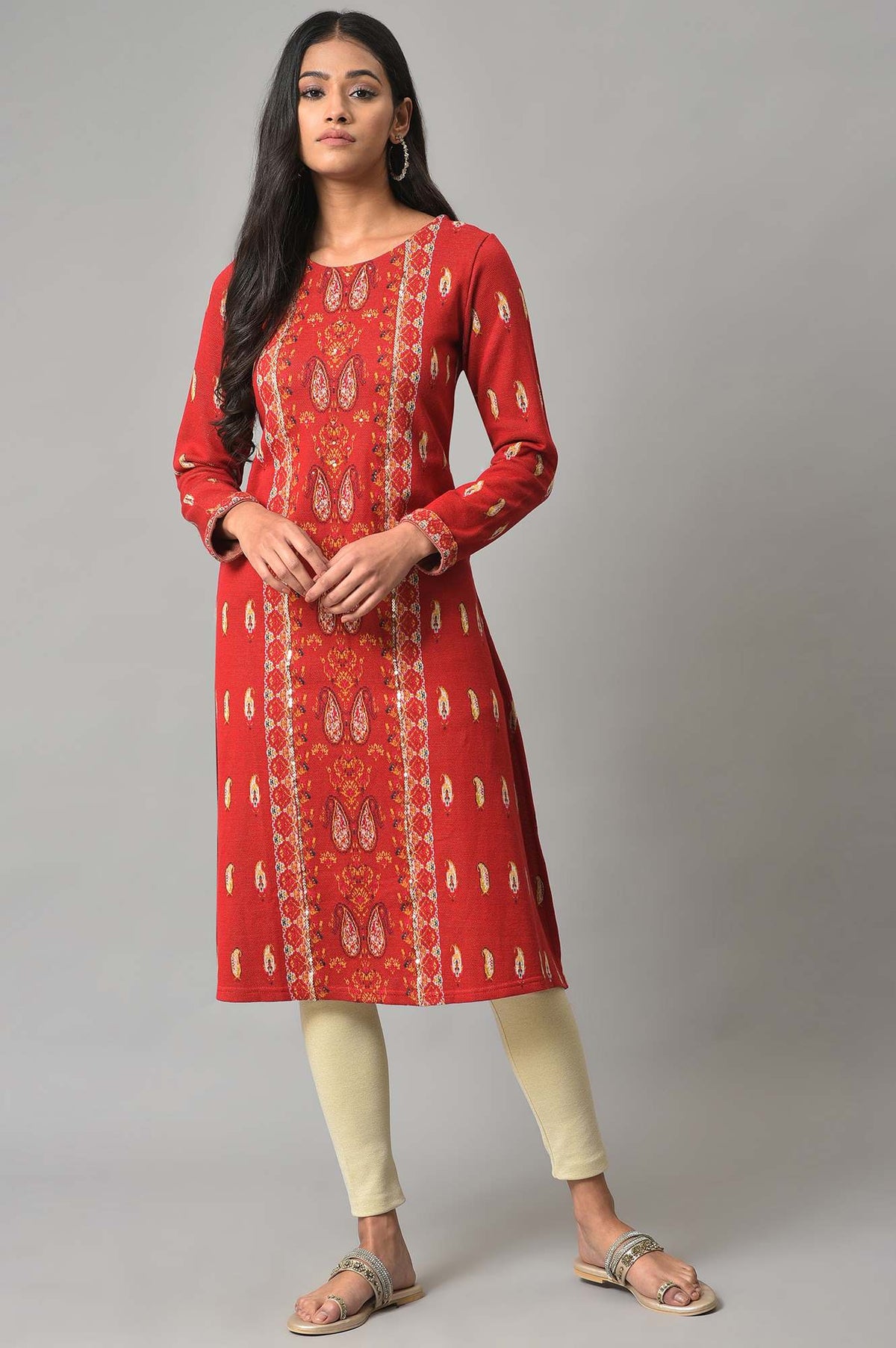 Red Paisley Printed Winter kurta - XS