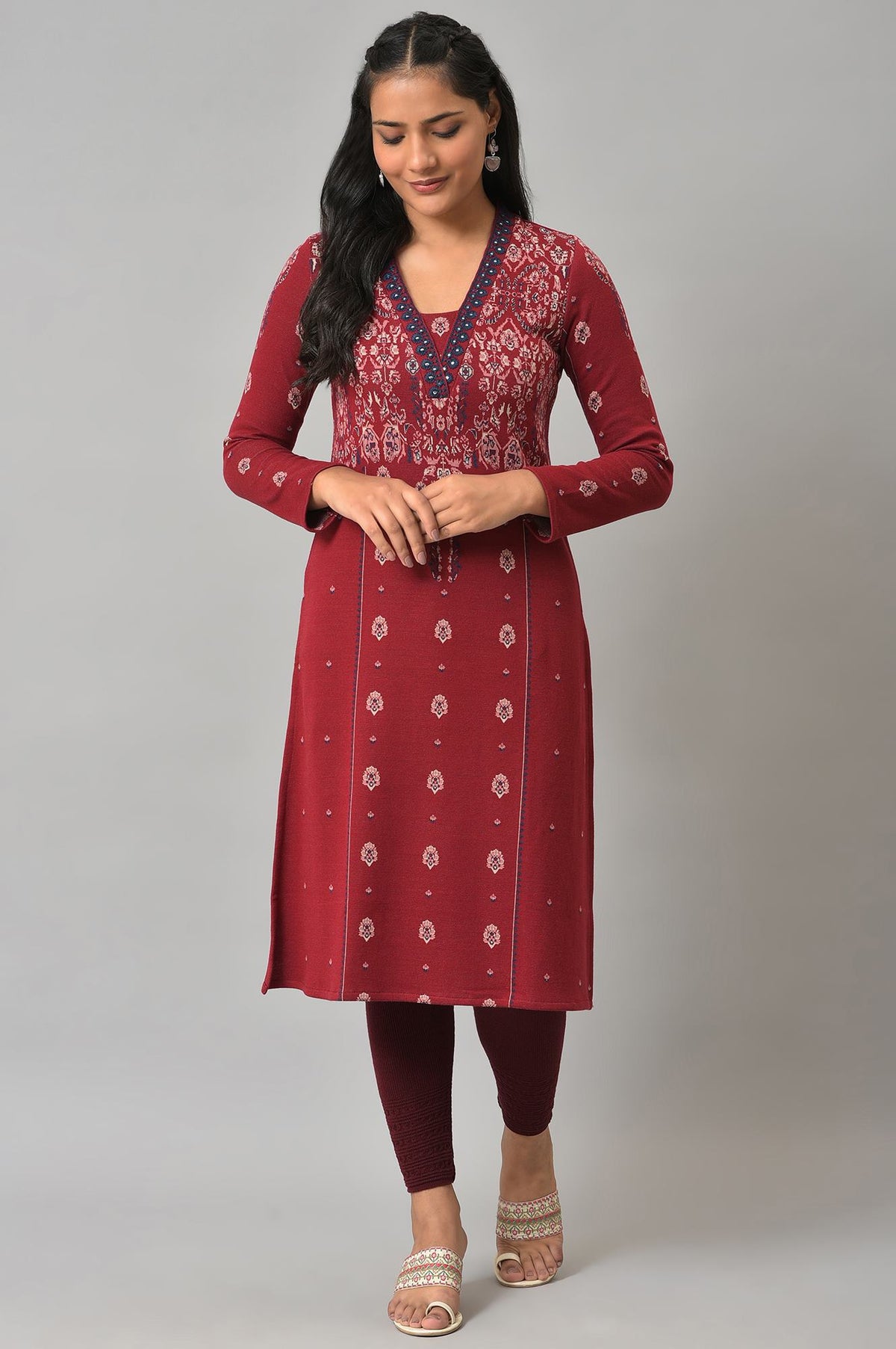 Deep Red Embroidered Winter kurta - 6