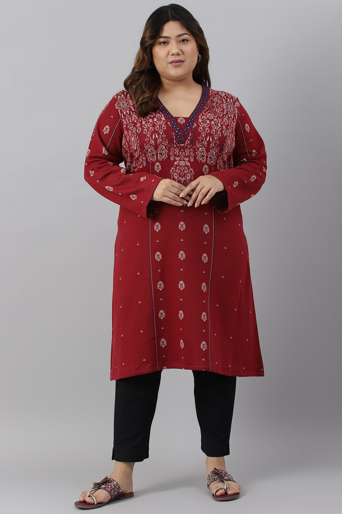 Deep Red Embroidered Plus Size Winter kurta - XS