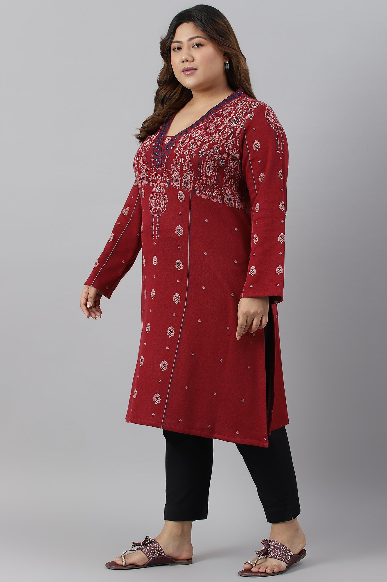 Deep Red Embroidered Plus Size Winter kurta