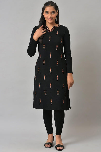 Black Acrylic Embroidered Winter kurta - wforwoman
