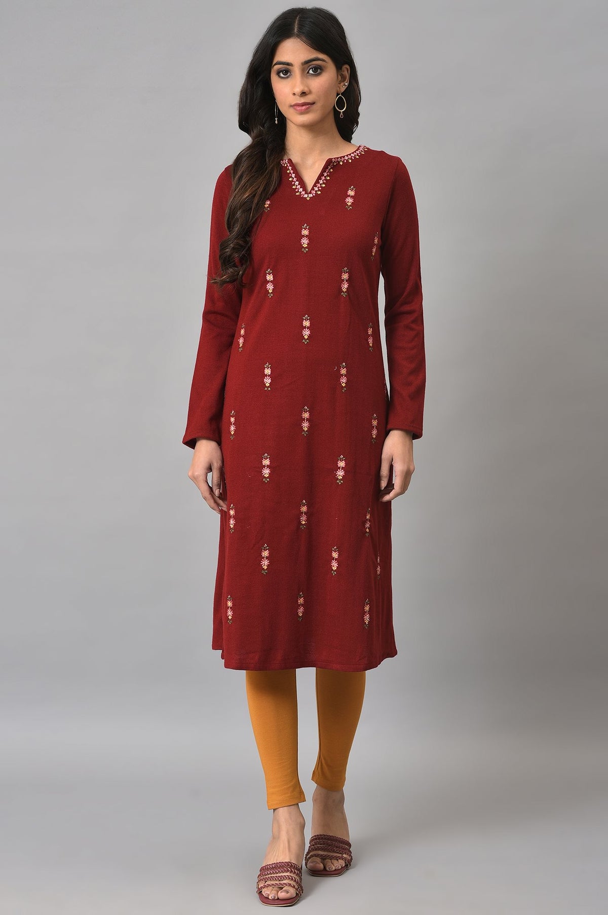 Deep Red Embroidered Plus Size Winter kurta - XS