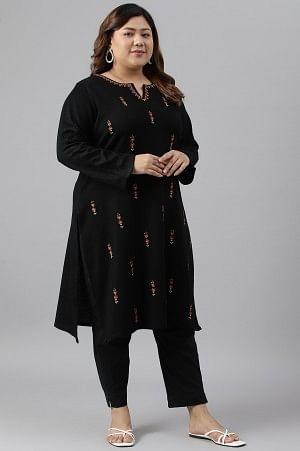 Plus Size Black Acrylic Embroidered Winter kurta