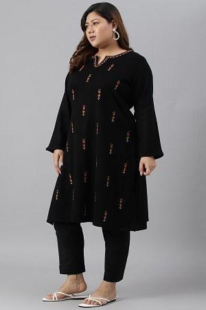Plus Size Black Acrylic Embroidered Winter kurta