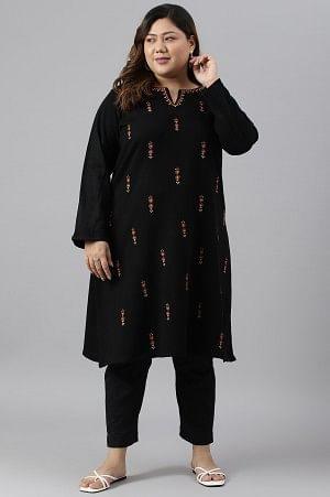 Plus Size Black Acrylic Embroidered Winter kurta