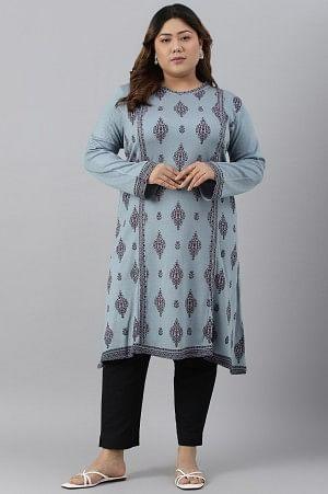 Blue Printed Knitted Winter Plus Size kurta - wforwoman