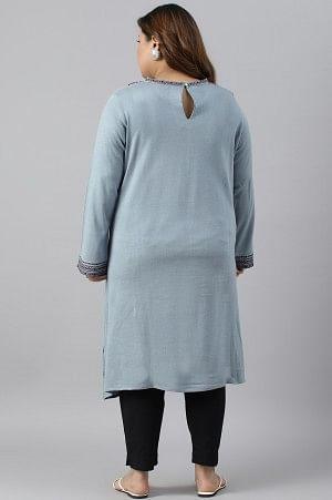 Blue Printed Knitted Winter Plus Size kurta - wforwoman