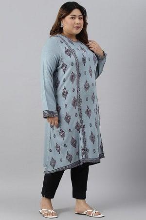 Blue Printed Knitted Winter Plus Size kurta - wforwoman