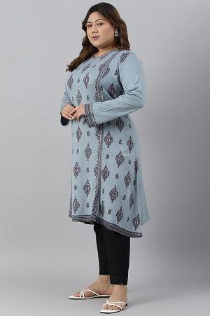 Blue Printed Knitted Winter Plus Size kurta - wforwoman
