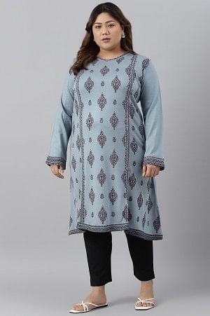 Blue Printed Knitted Winter Plus Size kurta