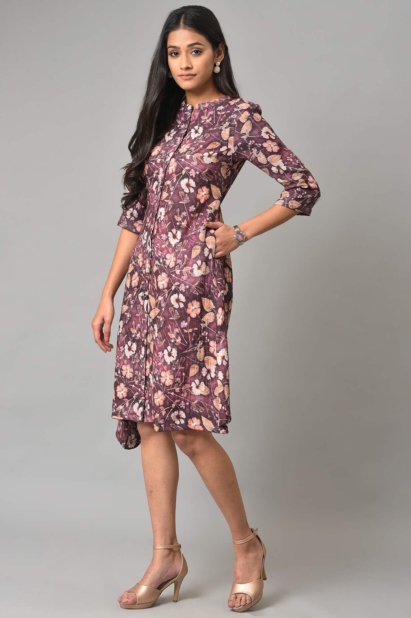 Pink Floral Printed Western Shirt Dress - wforwoman