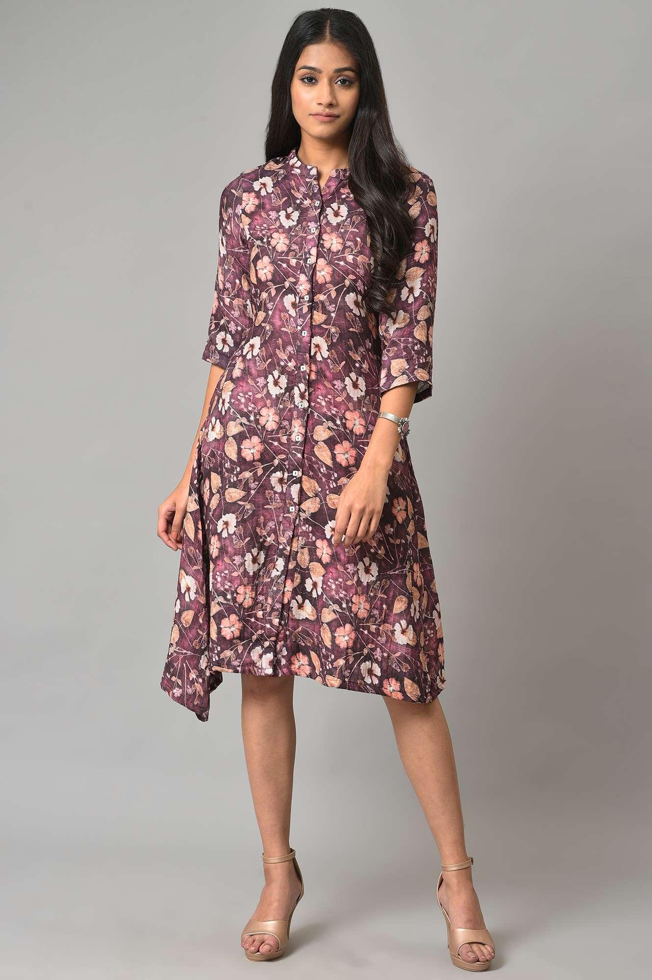 Pink Floral Printed Western Shirt Dress - wforwoman