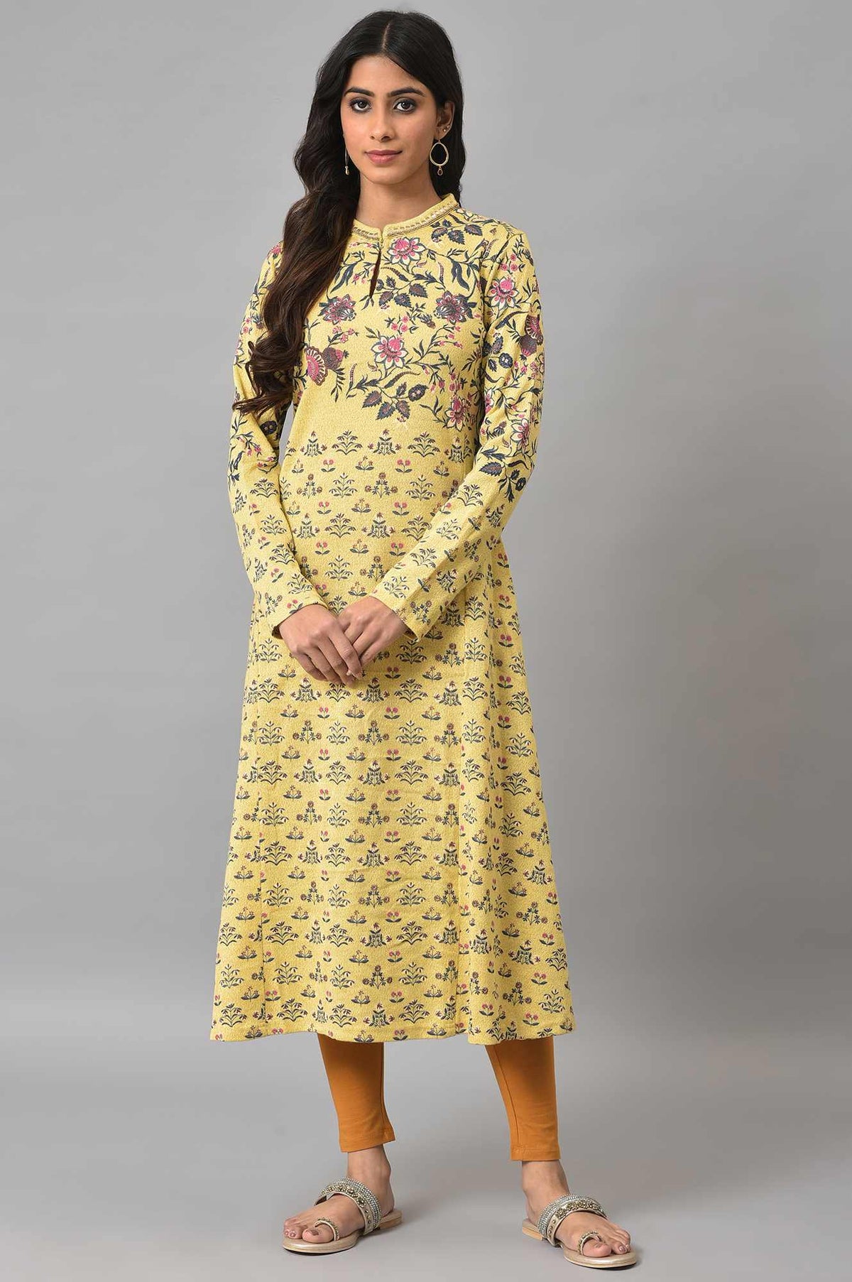 Yellow A-Line Placement Print Winter kurta - XS