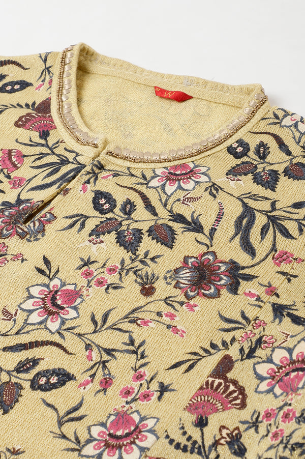 Yellow A-Line Placement Print Plus Size Winter kurta