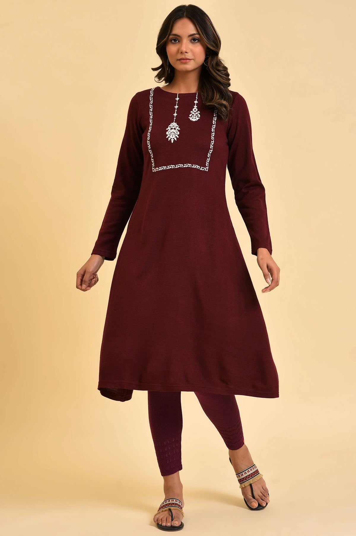 Red Embroidered Winter kurta - XS