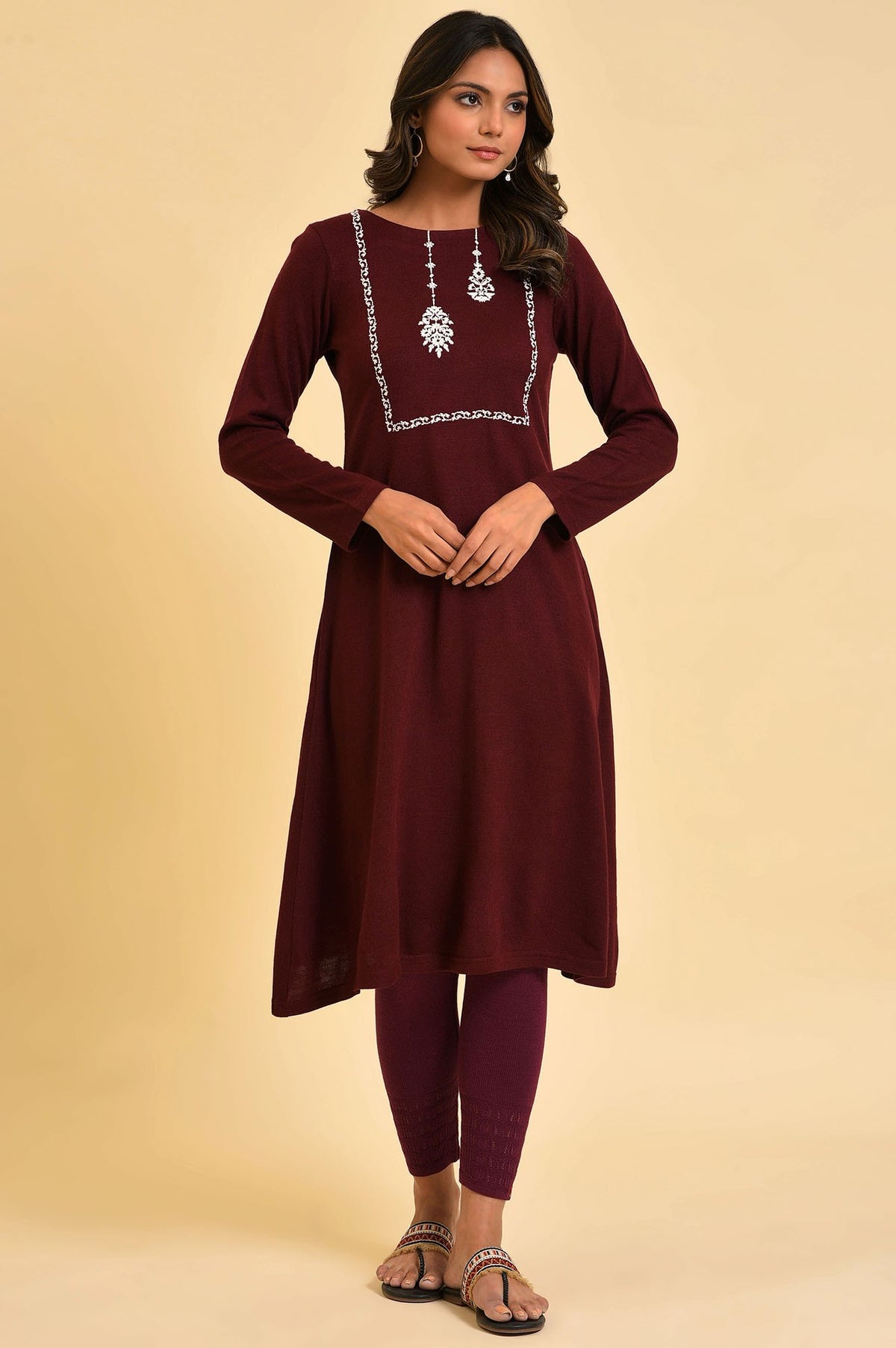 Plus Size Red Embroidered Winter kurta - XS