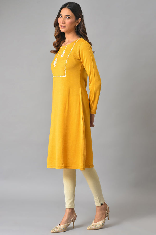 Yellow Winter kurta With Embroidered Yoke
