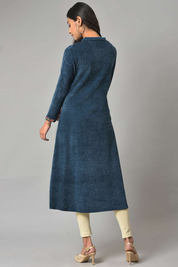 Dark Blue Embroidered Winter kurta