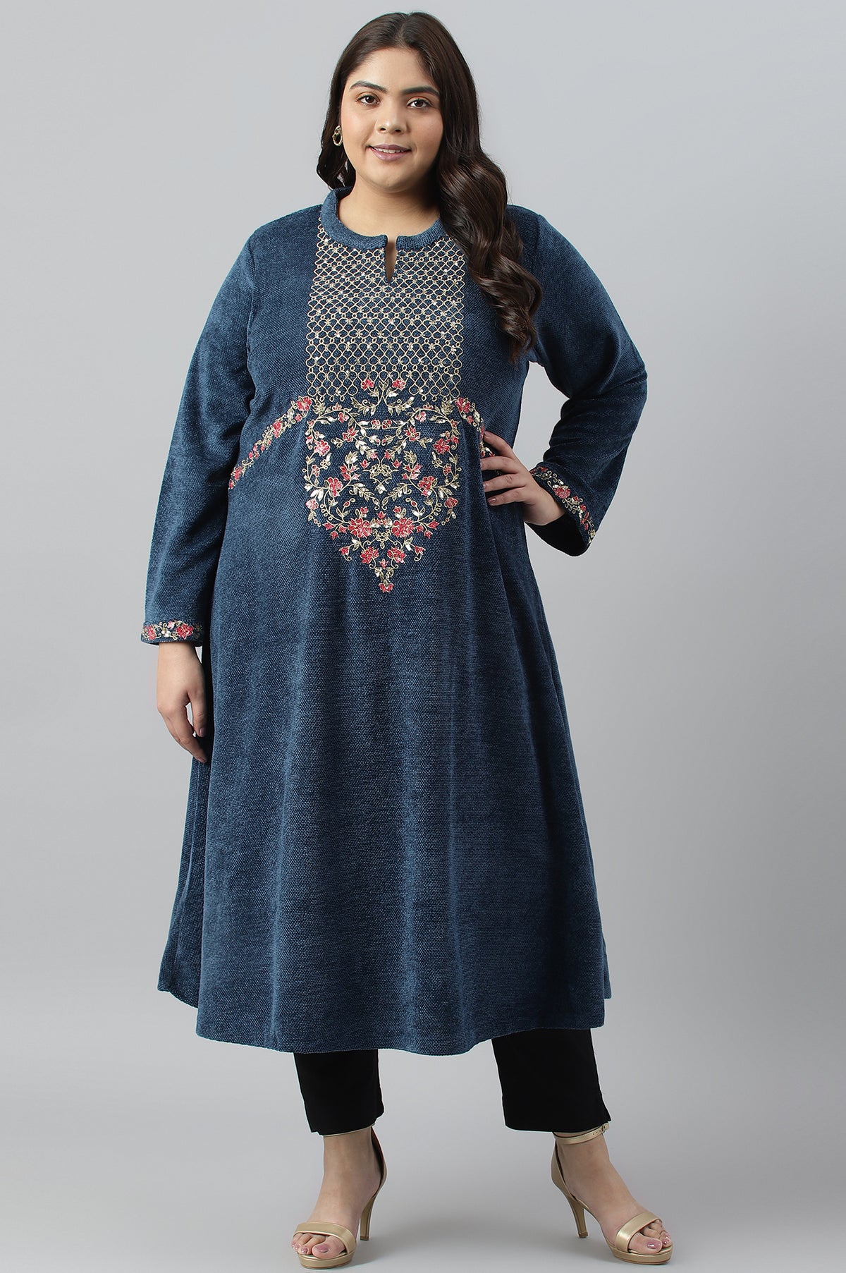 Dark Blue Embroidered Plus Size Winter kurta - 20