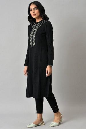 Plus Size Black Acrylic Statement Winter Kurta - wforwoman