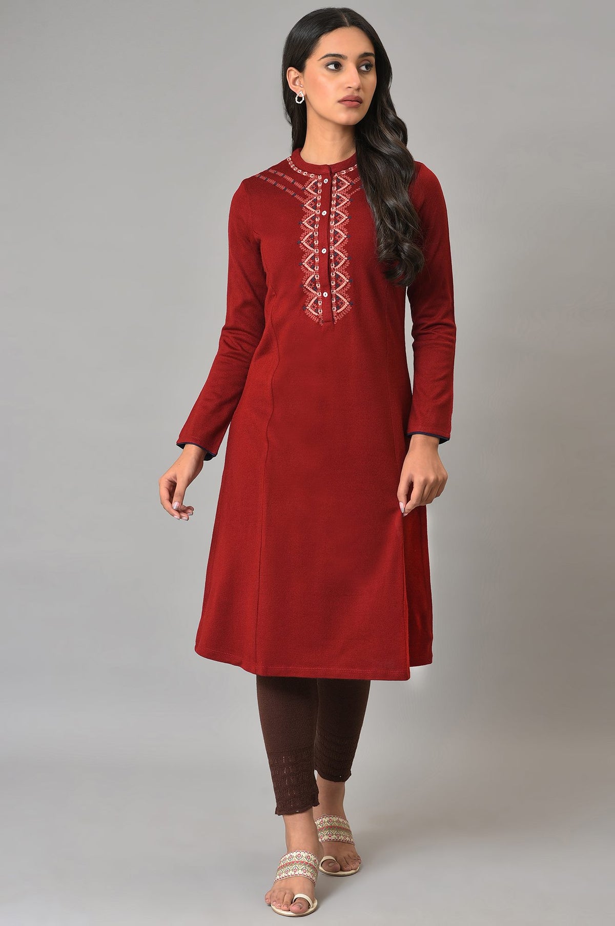 Red A-Line Embroidered Winter kurta - XS