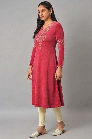 Red Embroidered With Beads Winter Festive kurta - wforwoman