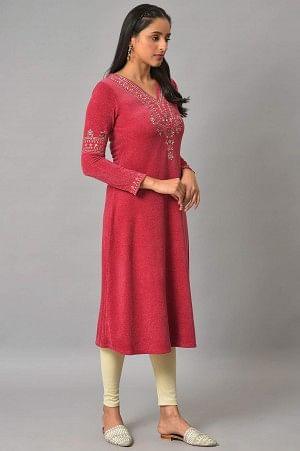 Red Embroidered With Beads Winter Festive kurta