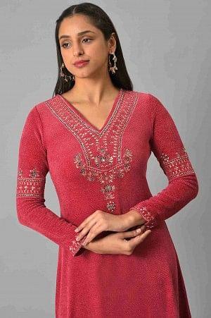 Red Embroidered With Beads Winter Festive kurta - wforwoman