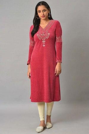 Red Embroidered With Beads Winter Festive kurta - wforwoman