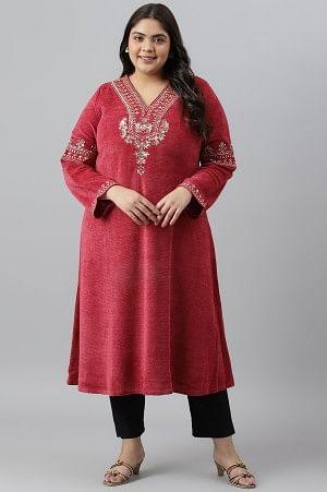 Red Flared Embroidered Winter kurta - wforwoman