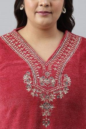 Red Flared Embroidered Winter kurta - wforwoman