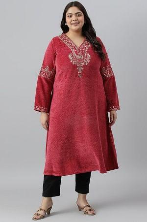 Red Flared Embroidered Winter kurta - wforwoman