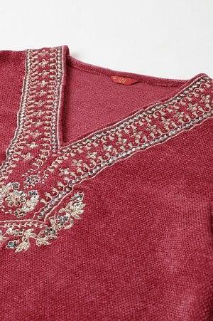 Red Flared Embroidered Winter kurta - wforwoman