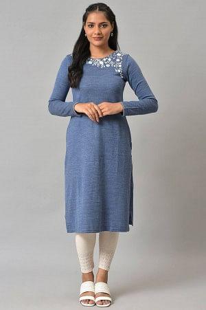 Blue Embroidered Asymmetrical Winter kurta - XS