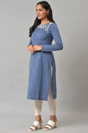 Blue Embroidered Asymmetrical Winter kurta - wforwoman
