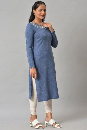Blue Embroidered Asymmetrical Winter kurta