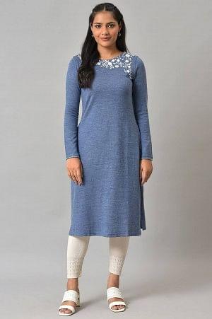 Blue Embroidered Asymmetrical Winter kurta - wforwoman