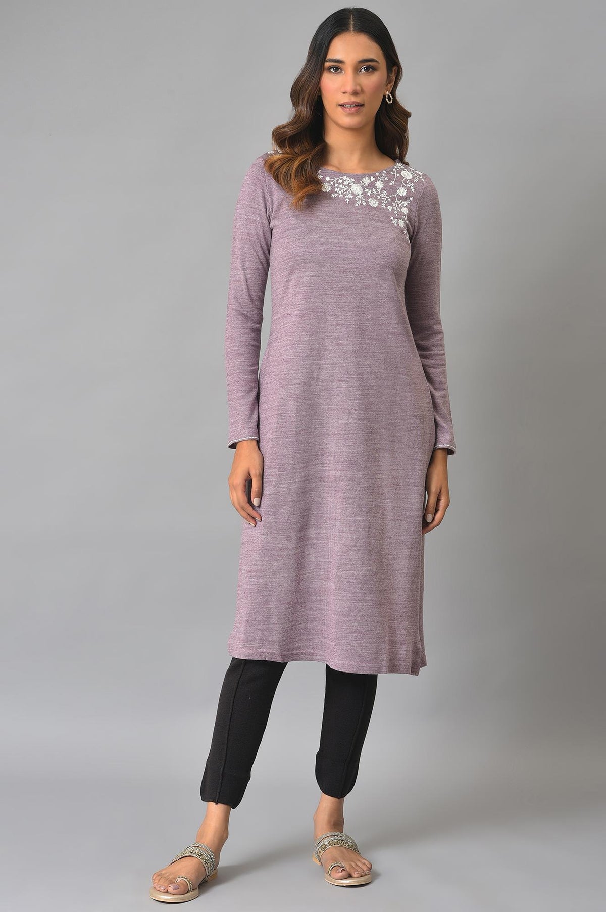 Purple Embroidered Asymmetrical Winter kurta - XS