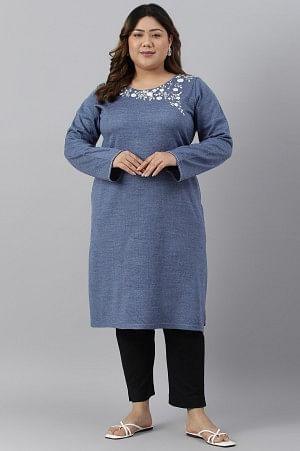Plus Size Blue Embroidered Asymmetrical Winter kurta
